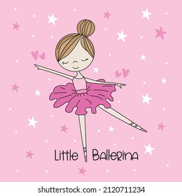 Pequeña Ballerina - bailarina dibujada a mano chica gráfica vectorial. Aislado sobre fondo rosado. La impresión de camisetas, la decoración de las habitaciones, el afiche, la tarjeta, la etiqueta y otra decoración.