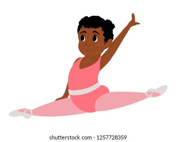 Little ballerina on a twine. Clipart of a beautiful girl doing ballet. Kids ballet cartoon illustration on white background.