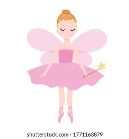little ballerina in pink fairy costume on the white background