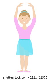 Little ballerina in pink leotard. arms raised up, legs together. vector illustration on white background