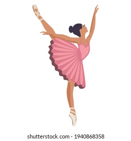 Little ballerina in pink tutu standing on toes, simple style vector illustration isolated on white background. Little ballet dancer in pink tutu with heart image, classical ballet, toe stand, hands up
