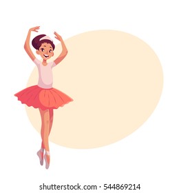 Little ballerina in pink tutu standing on toes, cartoon style vector illustration on yellow background with place for text. Little ballet dancer in pink tutu, classical, sixth position, toe stand