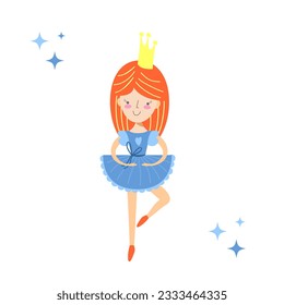 Little ballerina with red hair and crown. Flat vector illustration.