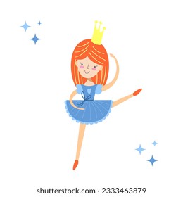 Little ballerina red hair girl with a crown. Flat vector illustration.