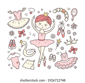 Pequeña bailarina y un juego de accesorios de ballet. Dibujo a mano, puntos, vestido de ballet, cisne, corona. Ilustración vectorial aislada en estilo doodle sobre fondo blanco