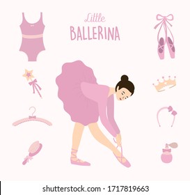 Little ballerina set, Cute ballet dance accessorie decoration concept. Beautiful pink dress. crown, tiara, tutu, pointe shoes, hanger, magic wand. Hand drawn cartoon style vector flat illustration.