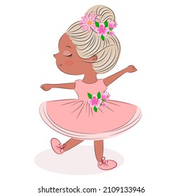 Little Ballerina, in a soft pink dress, Hand drawn beautiful, cute, little girl, Cartoon on a white background, children's drawing.Perfect for children's design, fabric, packaging, wallpaper, textile
