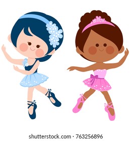 Little ballerinas dancing. Beautiful ballet dancer girls classical performance. Vector Illustration
