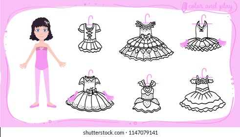 Little ballet dancer. Dress up colored paper doll in cartoon style with ballet tutu. Color, cut and play. Vector illustration for children coloring book