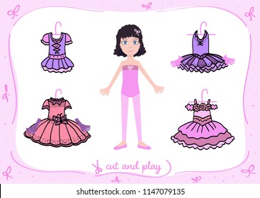 Little ballet dancer. Dress up paper doll in cartoon style with ballet tutu in pink and violet colors. Cut and play. Vector illustration