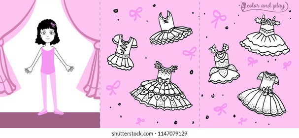 Little ballet dancer on stage. Colored paper doll in cartoon style with ballet tutus. Color or stick, cut and play. Page design template. Vector illustration for children book