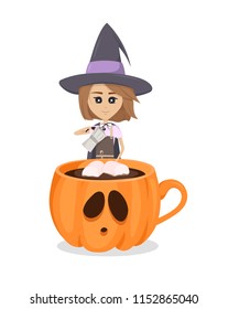 A little barista witch with coffee cup in form of pumpkin with sad face. Illustration for Halloween