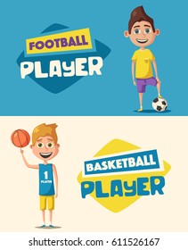 Little basketball and football players. Cartoon vector illustration
