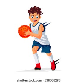 Little basketball player with the ball. Vector illustration on white background. Sports concept.