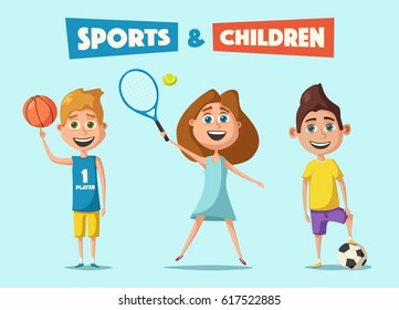 Little basketball, tennis and football players. Cartoon vector illustration