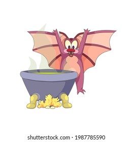 Little bat conjuring with a green potion in Cartoon style, cute purple bat and a caldron on white isolated background for prints, patterns, stickers, posters, icons for social media, apps, websites.