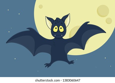 The little bat flies at night against the moon. Cartoon character. A vampire. Halloween vector card