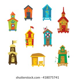 Little Beach Cabins Cute Set Of Cartoon Style Colorful Flat Vector Icons Isolated On White Background