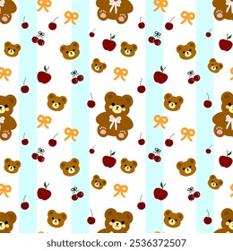 Little bear, apple, cherry, fabric pattern, gift wrapping paper pattern, white background, blue line ,seamless pattern 
