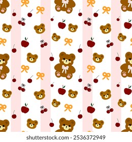 Little bear, apple, cherry, fabric pattern, gift wrapping paper pattern, white background, pink lines ,seamless pattern 