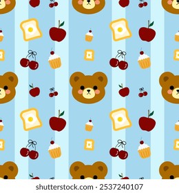Oso pequeño, manzana, cupcake sobre fondo azul con líneas azules, patrón transparente 