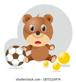 Little bear and ball, cartoon, isolated on a gray circle background.Vector illustration design, can be used for t-shirt printing, children's fashion design, comics, dolls etc.