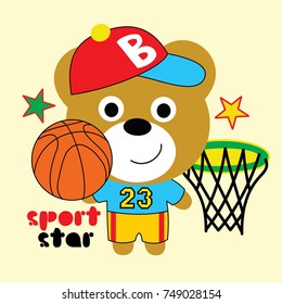 little bear with basketball cartoon, cartoon vector illustration