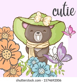 Little bear with beauty flowers and  butterflies cartoon illustration for kids. cute bear with hat, scarf, butterfly and orange flower vector.