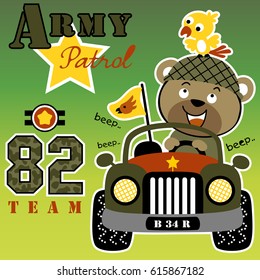 Little bear with bird on military car, military elements, vector cartoon illustration
