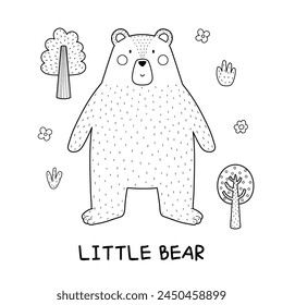 Little Bear black and white print with a cute forest character. Funny grizzly bear card for kids in cartoon style. Woodland animal background in outline. Vector illustration