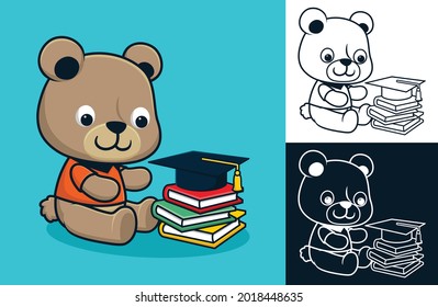 Little bear with books and graduation hat. Vector cartoon illustration in flat icon style