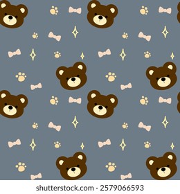 Little bear, bow on blue background, fabric pattern, gift wrapping paper, cute stickers, notebook cover, mobile phone case , seamless pattern 