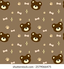 Little bear, bow on brown background, fabric pattern, gift wrapping paper, cute stickers, notebook cover, mobile phone case , seamless pattern 