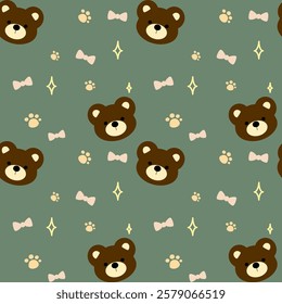 Little bear, bow on green background, fabric pattern, gift wrapping paper, cute stickers, notebook cover, mobile phone case , seamless pattern 