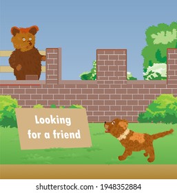 Little bear is building a house and it need a friend for help it. The puppy dog has seen the note and asked it what kind of friend the bear is waiting for. Illustration vector scene.