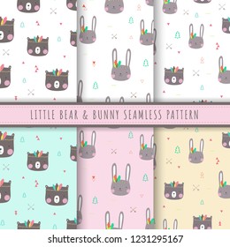 Little bear and bunny pattern seamless. Set of 6 kawaii bunny and bear background vector. Tribal bear wallpapers. Pastel rabbit texture for baby print, kid wrapping, digital paper and fabric patterns