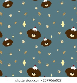 Little bear, cake on blue background, fabric pattern, gift wrapping paper, cute stickers, notebook cover, mobile phone case , seamless pattern 