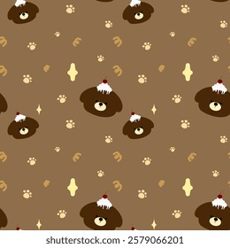 Little bear, cake on brown background, fabric pattern, gift wrapping paper, cute stickers, notebook cover, mobile phone case , seamless pattern 