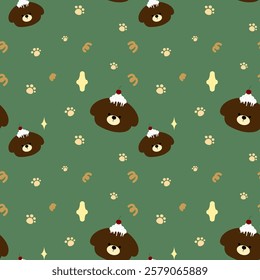 Little bear, cake on green background, fabric pattern, gift wrapping paper, cute stickers, notebook cover, mobile phone case , seamless pattern 