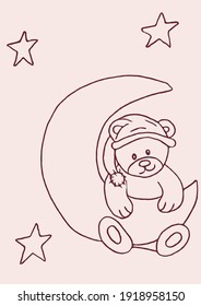 little bear in a cap holding on to the big moon
