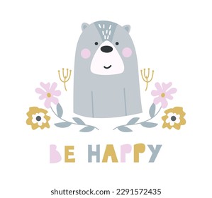 Little Bear Character. Be Happy - Typography Design. Isolated Bear Head with Flowers in Scandinavian Nordic Style. Cute Vector Illustration. Baby Poster, Card, Nursery Wall Art, Room Decoration.