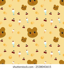 Little bear, cherry , ice cream on a yellow background , fabric and wrapping paper patterns, cute notebook cover , seamless pattern 