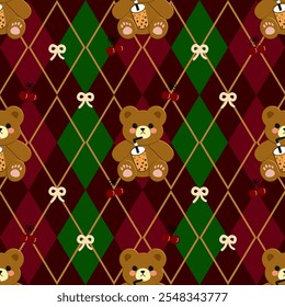 Little bear, Cherry on red and green background, Cute fabric pattern, Gift wrapping paper pattern, Notebook cover, Christmas , seamless pattern 