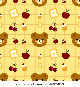 Little bear, cherry on a yellow background ,fabric and wrapping paper patterns, cute notebook cover seamless pattern 