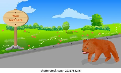 A little bear crossing a road. Attention: a very dangerous move. Vector illustration. 
