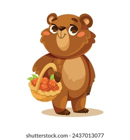 Pequeño Oso Cachorro con Cute Hocico Sostén Berry Basket Vector Ilustración