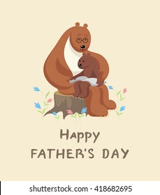 the little bear cub sits at the Big Daddy of a bear on a lap and reads the book. father's day greeting card