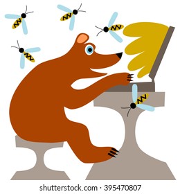 Little bear - cub - sitting at a desk with a laptop. From screen flows honey. Flying bees.