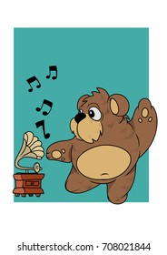 Little bear dancing with the music of a old gramophone. Vector Illustration