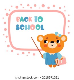 A little bear in a dress with textbooks and a pointer. Vector illustration of back to school